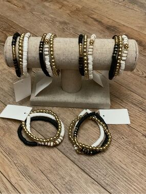 Gold, Black & White Beaded Stretch Bracelet Set - 8 Stack Bundle Women Jewelry